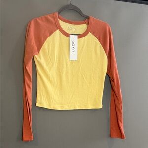 Vinyl Colorblock Long-Sleeve Raglan Top in Yellow and Rust